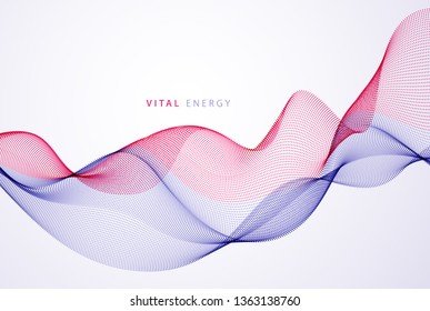 Wave line of flowing particles abstract vector background, smooth curvy shape dots fluid array. 3d shape dots blended mesh, future technology relaxing wallpaper.