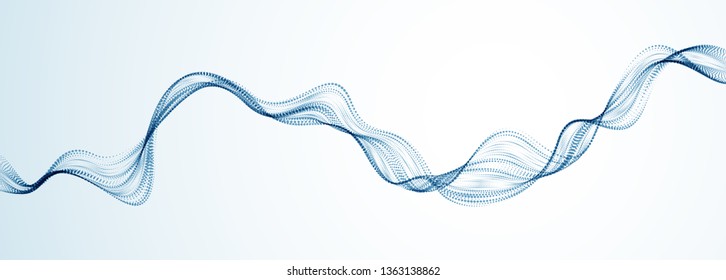 Wave line of flowing particles abstract vector background, smooth curvy shape dots fluid array. 3d shape dots blended mesh, future technology relaxing wallpaper.