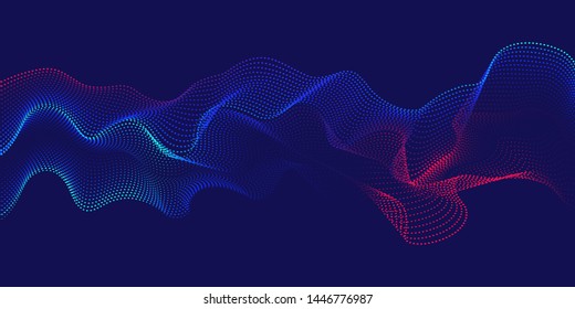 Wave line of flowing particles with blue background. Abstract background with dynamic elements of waves and points. Vector