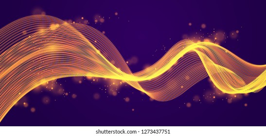 Wave line of flowing particles over dark abstract vector background, smooth curvy shape shining dots fluid array. 3d dots blended mesh, future technology relaxing wallpaper.