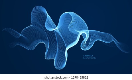 Wave Line Of Flowing Particles Over Dark Abstract Vector Background, Smooth Curvy Shape Shining Dots Fluid Array. 3d Dots Blended Mesh, Future Technology Relaxing Wallpaper.