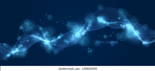 Wave line of flowing particles over dark abstract vector background, smooth curvy shape shining dots fluid array. 3d dots blended mesh, future technology relaxing wallpaper.