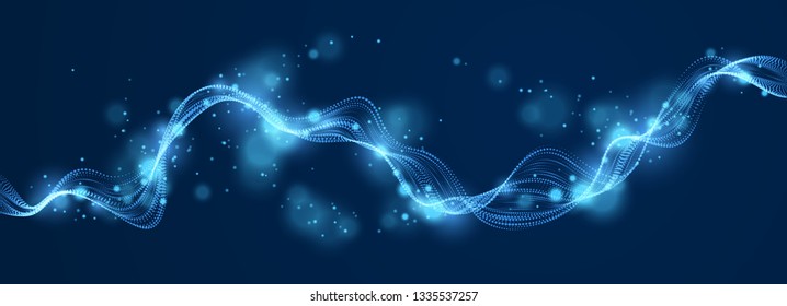 Wave line of flowing particles over dark abstract vector background, smooth curvy shape shining dots fluid array. 3d dots blended mesh, future technology relaxing wallpaper.