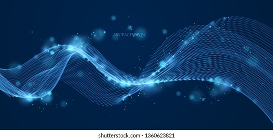 Wave line of flowing particles over dark abstract vector background, smooth curvy shape shining dots fluid array. 3d dots blended mesh, future technology relaxing wallpaper.
