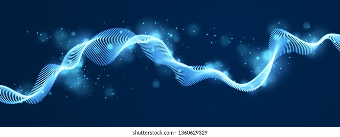 Wave line of flowing particles over dark abstract vector background, smooth curvy shape shining dots fluid array. 3d dots blended mesh, future technology relaxing wallpaper.