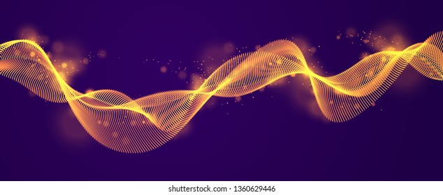 Wave line of flowing particles over dark abstract vector background, smooth curvy shape shining dots fluid array. 3d dots blended mesh, future technology relaxing wallpaper.