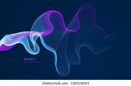 Wave line of flowing particles over dark abstract vector background, smooth curvy shape shining dots fluid array. 3d dots blended mesh, future technology relaxing wallpaper.