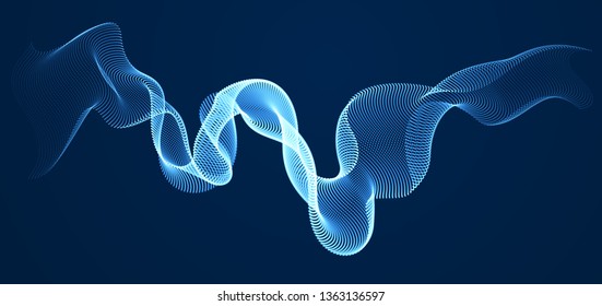 Wave line of flowing particles over dark abstract vector background, smooth curvy shape shining dots fluid array. 3d dots blended mesh, future technology relaxing wallpaper.