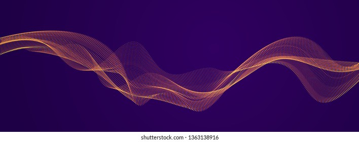 Wave line of flowing particles over dark abstract vector background, smooth curvy shape shining dots fluid array. 3d dots blended mesh, future technology relaxing wallpaper.