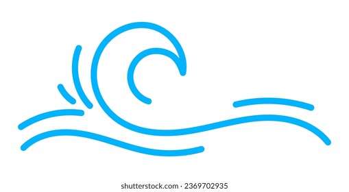 Wave Line Symbol, Meer und Ozean zerreißen Wasser. Umriss-Strandsurfen, Fluss- oder Seebracht mit Sprüngen und Tropfen. Blaue Sturmwelle, Ozeanflucht, Wasserwirbel, dünnes Liniensymbol