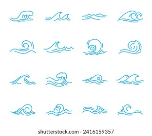 Wave line icons, sea and ocean ripple water. Blue sea and ocean tidal or tsunami wave outline pictogram, curly river flow or blue clean aqua stream thin line vector icon or symbols set