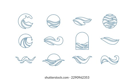 Wave line logo vector set. Water icon templates. Abstract outline sea, ocean surges in circle. Nature blue liquid concept design.