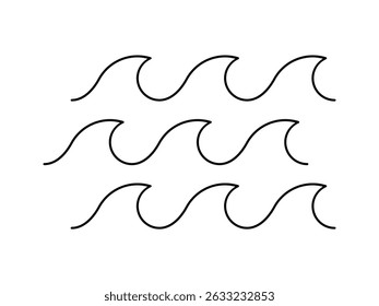 Wave line pattern icon. Wave background. Three simple waves sign. Sea, ocean, river, lake, water concept. Black. Marine nautical tropical summer wavy symbol. Design element. Vector illustration.