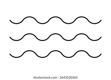 Ícone de padrão de linha de onda. Fundo da onda. Três sinais simples de ondas. Conceito de mar, oceano, rio, lago, água. Preto. Símbolo ondulado marinho náutico tropical de verão. Elemento de design. Ilustração vetorial.