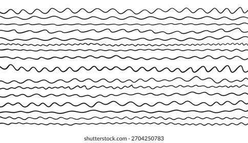 Wellenlinien-Mustersatz. Handgezeichnete gewellte Streifen. Abstrakter Ozean-Textur-Hintergrund für Textil-Design. Vektorgrafik