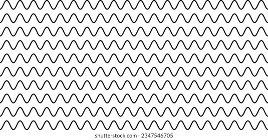 Wave line seamless pattern. Wavy thin stripes pattern. Black horizontal water curve lines texture. Simple monochrome black and white background. Editable stroke. Vector illustration.