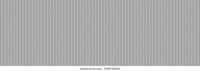 Wave line seamless pattern. Wavy thin stripes pattern. Black horizontal water curve lines texture. Simple monochrome black and white background. Editable stroke.