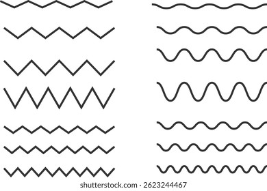 Conjunto de líneas de onda. bordes sin costuras en zigzag. Elementos de Diseño gráfico. Horizontal escrito a mano
