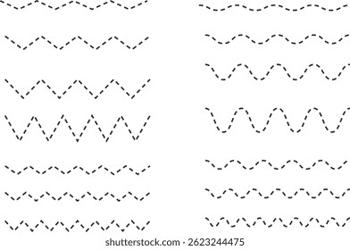 Conjunto de líneas de onda. bordes sin costuras en zigzag. Elementos de Diseño gráfico. Horizontal escrito a mano