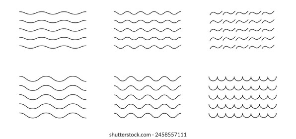 Wave Line Set. Vektorgrafik Wasserwellen. Satz von wellenförmigen Zickzacklinien.