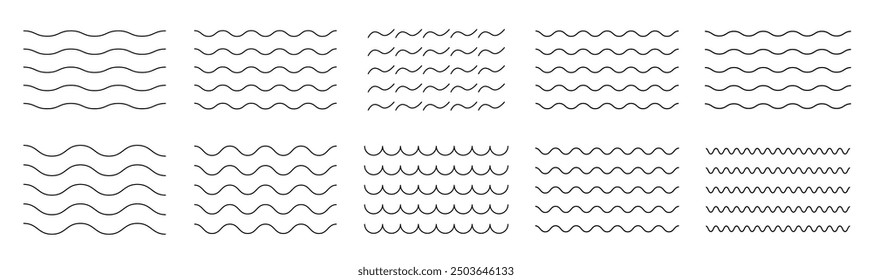 Wave line set. Vector water waves. Set of wavy zigzag lines.