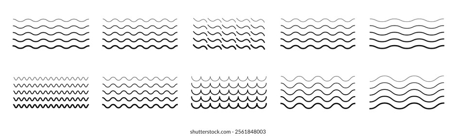 Wave line set. Vector water waves. Set of wavy zigzag lines.