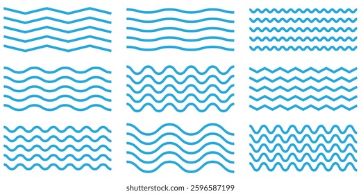 Wave line set. Vector water waves. Set of wavy zigzag lines.