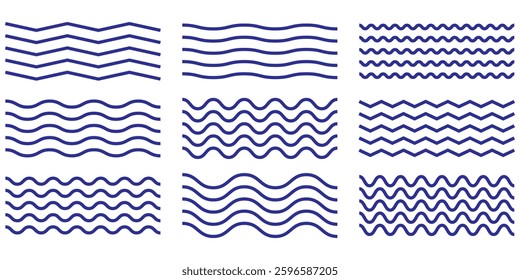 Wave line set. Vector water waves. Set of wavy zigzag lines.