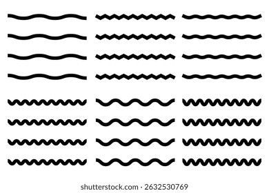 Wave line set. Vector water waves.  wavy zigzag lines. Black underlines wavy curve zig zag lines.