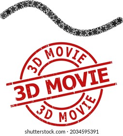 Wave line star pattern and grunge 3D Movie stamp. Red stamp with corroded style and 3D Movie phrase inside circle. Abstract wave line collage is composed with scattered flat star icons.