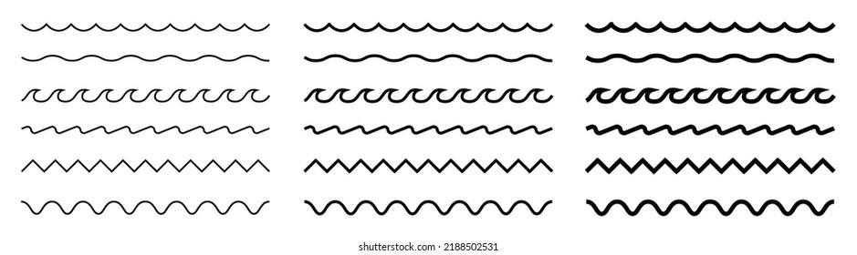 Wave line and wavy zigzag lines. Black underlines wavy curve zig zag line pattern in abstract style. Geometric decoration element. Isolated on white background. Ocean water waves. Vector icons set.