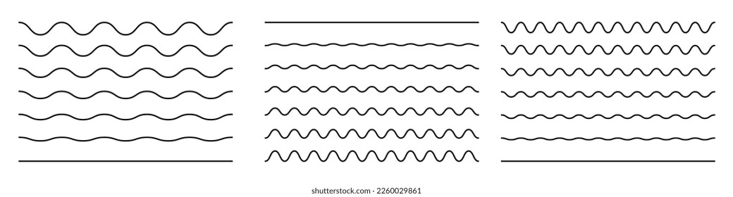 Wave line and wavy zigzag lines. Vector black underlines, smooth horizontal wavy finish, squiggles.