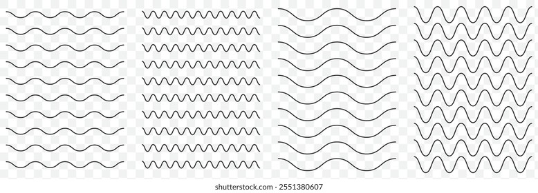 Wave line and wavy zigzag lines. Black curved lines pattern in abstract style. Horizontal geometric decoration element. Vector illustration. eps 10.