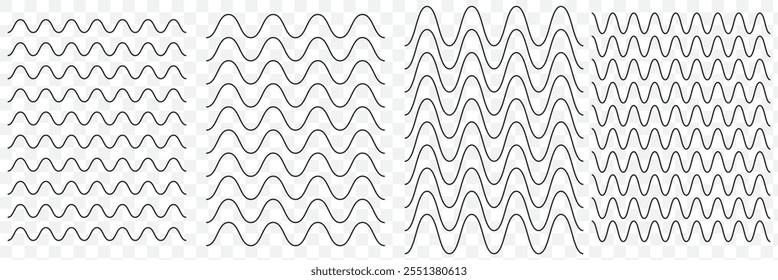 Linhas de onda e linhas de ziguezague onduladas. Padrão de linhas curvas em preto em estilo abstrato. Elemento de decoração geométrica horizontal. Ilustração vetorial. eps 10.