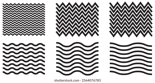 Wave line and wavy zigzag lines. Black underlines wavy curve zig zag line pattern in abstract style. Geometric decoration element. Vector illustration.