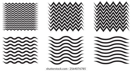 Wave line and wavy zigzag lines. Black underlines wavy curve zig zag line pattern in abstract style. Geometric decoration element. Vector illustration.