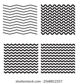 Wave line and wavy zigzag lines. Vector black underlines, smooth end squiggly horizontal, squiggles.