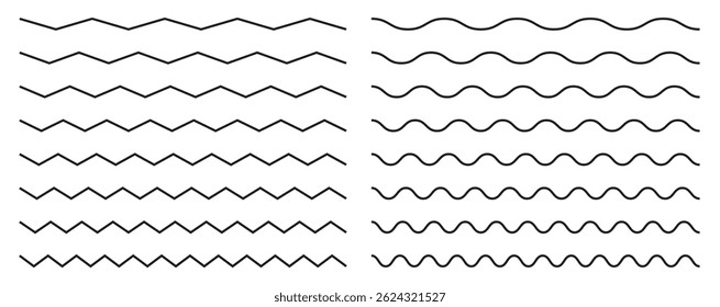 Wave line and wavy zigzag lines. Vector black underlines, smooth end squiggly horizontal, squiggles. Black underlines wavy curve zig zag line pattern in abstract style. Geometric decoration element.