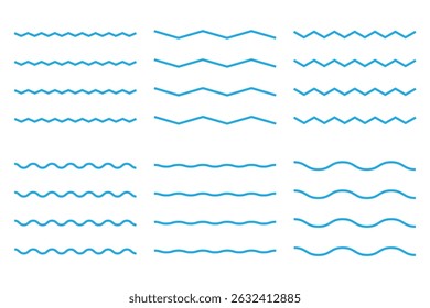 Wave line and wavy zigzag lines. Vector blue underlines, smooth end squiggly horizontal, squiggles. Wave line set. Vector water waves.
