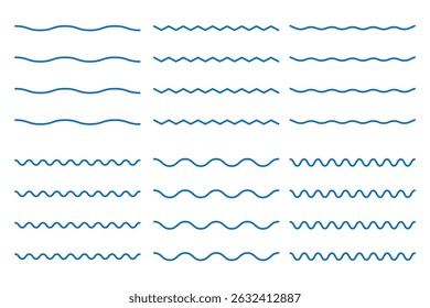 Wave line and wavy zigzag lines. Vector blue underlines, smooth end squiggly horizontal, squiggles. Wave line set. Vector water waves.