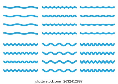 Linhas de onda e linhas de ziguezague onduladas. Sublinhados em azul vetorial, extremidade suave uniformemente horizontal, rabiscos. Linha de onda definida. Ondas de água vetoriais.