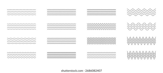 Wellenlinie und wellenförmige Zickzacklinien. Schwarz unterstreicht wellenförmige Kurve Zickzack-Linienmuster in abstraktem Stil. Geometrisches Dekorelement. Vektorgrafik.