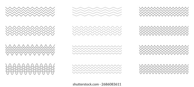Línea ondulada y líneas onduladas en zigzag. El negro subraya el patrón ondulado de la línea del zig zag de la curva en estilo abstracto. Elemento de decoración geométrica. Ilustración vectorial.