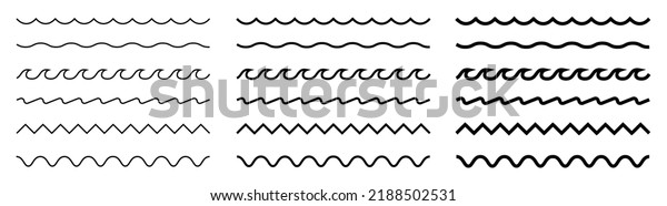 Wave line and wavy zigzag lines. Black underlines\
wavy curve zig zag line pattern in abstract style. Geometric\
decoration element. Isolated on white background. Ocean water\
waves. Vector icons set.