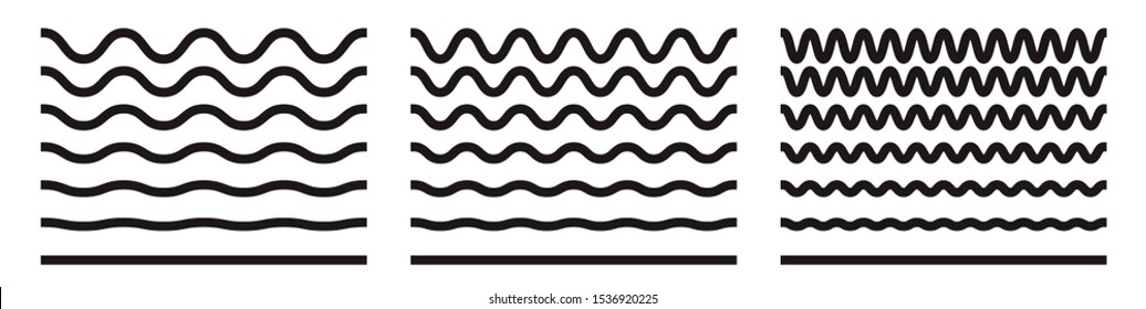 Wave line and wavy zigzag pattern lines. Vector black underlines, smooth end squiggly horizontal curvy squiggles