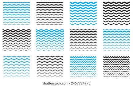 Wave line and wavy zigzag pattern lines. Vector black underlines, smooth end squiggly horizontal curvy squiggles. Vector illustration. EPS 10
 