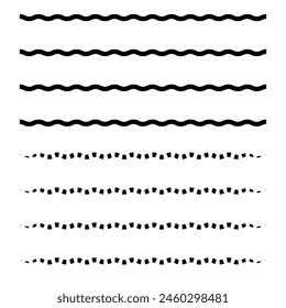 Wave line and wavy zigzag pattern lines. Vector black underlines, smooth end squiggly horizontal curvy squiggles on white background.