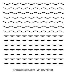 Wave line and wavy zigzag pattern lines. Vector black underlines, smooth end squiggly horizontal curvy squiggles on white background.