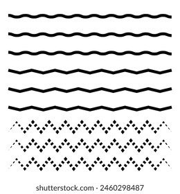 Wave line and wavy zigzag pattern lines. Vector black underlines, smooth end squiggly horizontal curvy squiggles on white background.