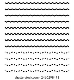 Wave line and wavy zigzag pattern lines. Vector black underlines, smooth end squiggly horizontal curvy squiggles on white background.